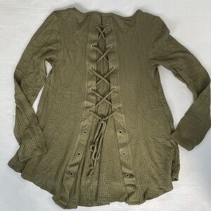 Sage Green Waffle Knit Long Sleeve Lagenlook Top Corset Back Small